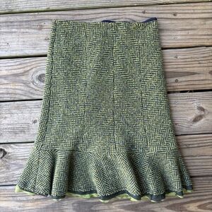 Pamela Brown Green Mohair Herringbone Tweed Skirt with Silk Trim and Ruffle
